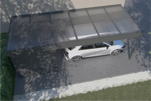Anlehncarport mit Geräteraum und Acrylglasdach