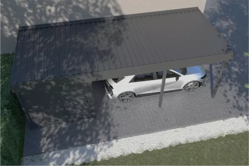 Anlehncarport mit Geräteraum und festem isoliertem Dach