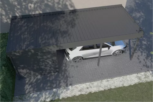 Anlehncarport mit Geräteraum und festem Dach