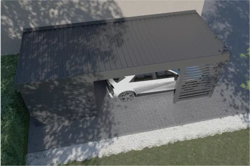 Anlehncarport mit Geräteraum und Wänden mit festem Dach