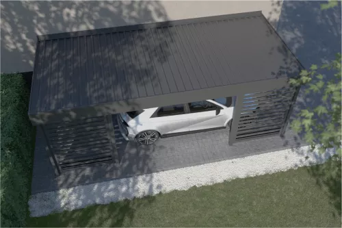Anlehncarport mit Sichtschutz und festem Dach