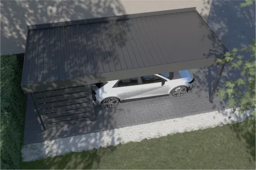 Anlehncarport mit Wandverkleidung und festem Dach