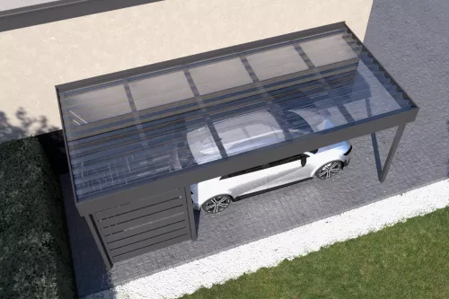 Anlehncarport STUK mit Wandverkleidung und Polycarbonat-Trapezplattendach