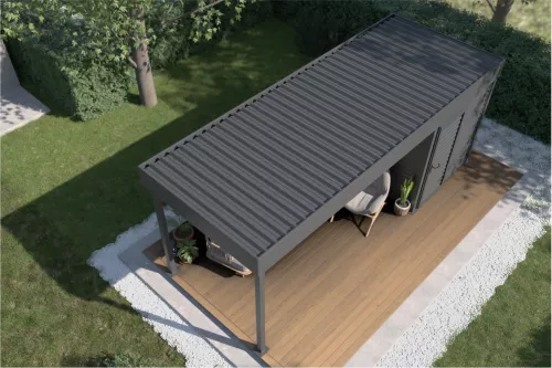 Pergola mit Geräteraum und festem isoliertem Dach