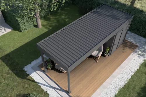 Pergola mit Geräteraum und festem Dach