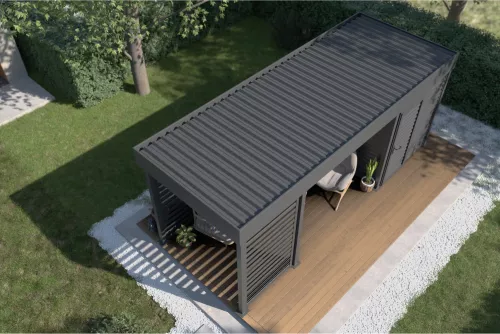 Pergola mit Geräteraum und Wänden mit festem Dach