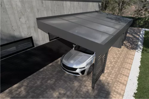 Pultdachcarport mit Geräteraum und Wänden mit Acrylglasdach