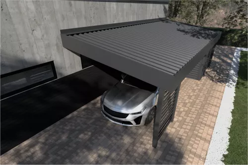 Pultdachcarport mit Geräteraum und Wänden mit festem Dach