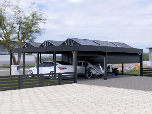 PV Carport mit Garagentor und Geräteschuppen