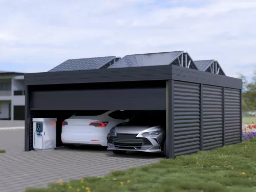 PV Carport mit Garagentor und Garage