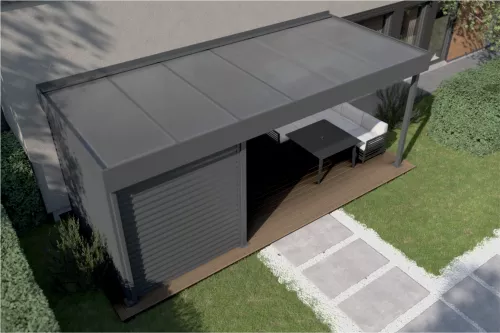 Terrassenüberdachung mit Geräteraum und Acrylglasdach